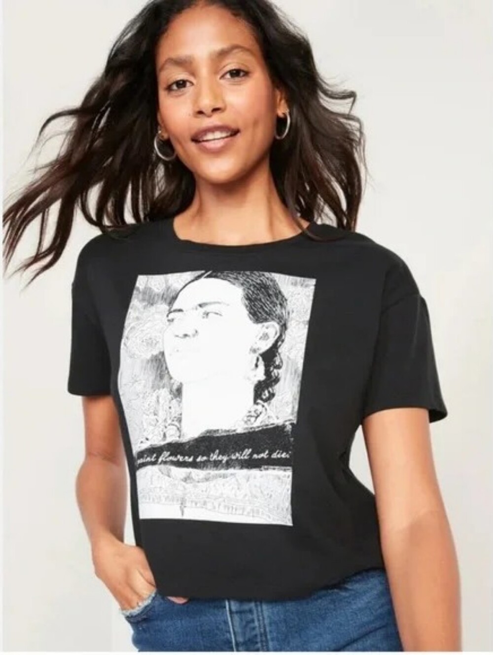 Old Navy Black Graphic Crop Tee with White Frida Illustration